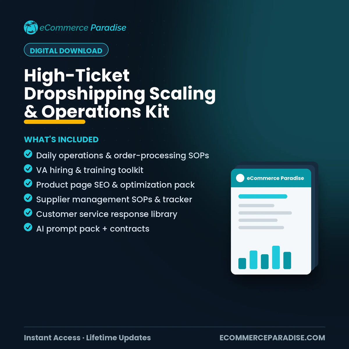 High-Ticket Dropshipping Scaling & Operations Kit: SOPs, VA Systems & AI Prompts Ecommerce Paradise